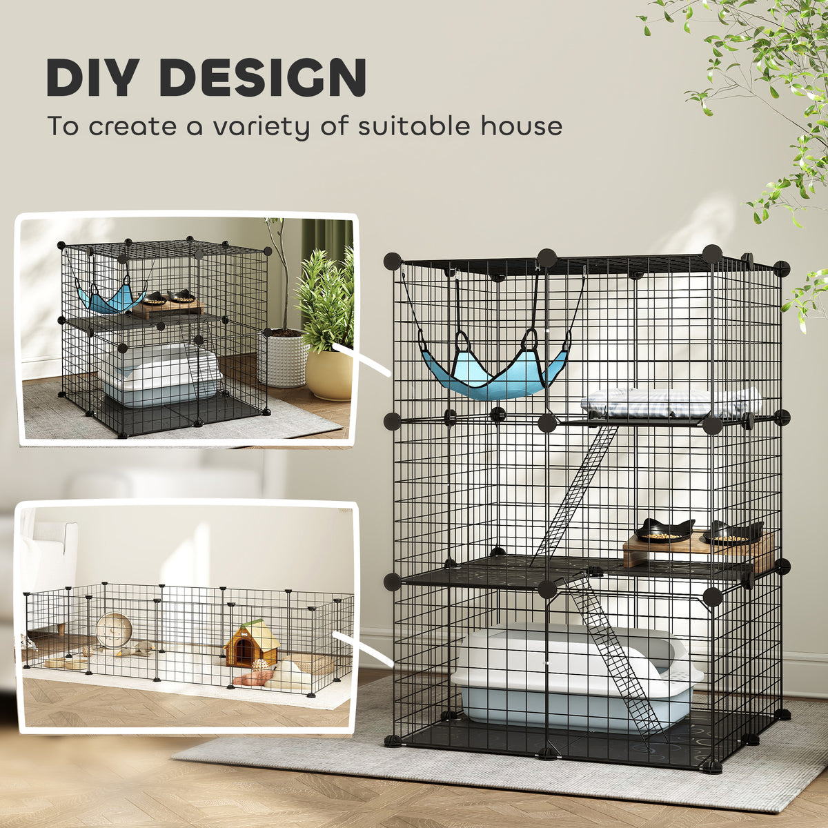 3 Tier DIY Cat Cage - Black 3-Door Pet Playpen with Hammock-Cats-DECOROLALA
