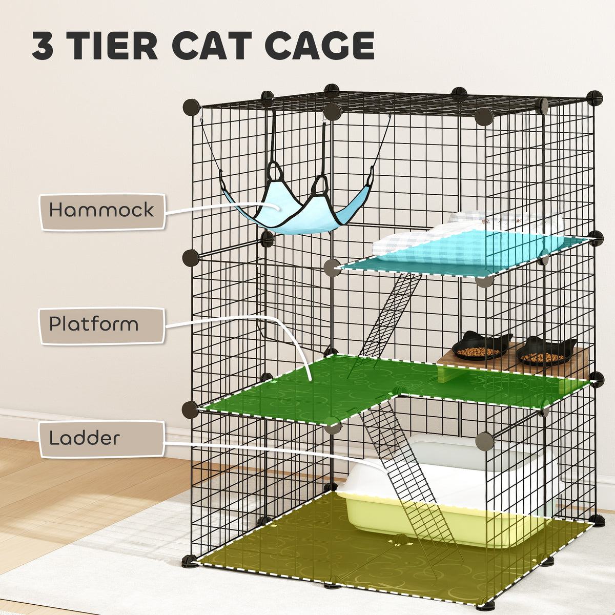 3 Tier DIY Cat Cage - Black 3-Door Pet Playpen with Hammock-Cats-DECOROLALA