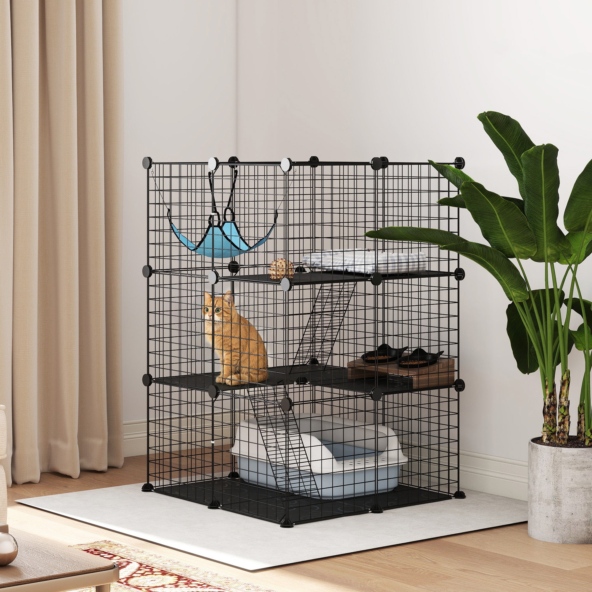 3 Tier DIY Cat Cage - Black 3-Door Pet Playpen with Hammock-Cats-DECOROLALA