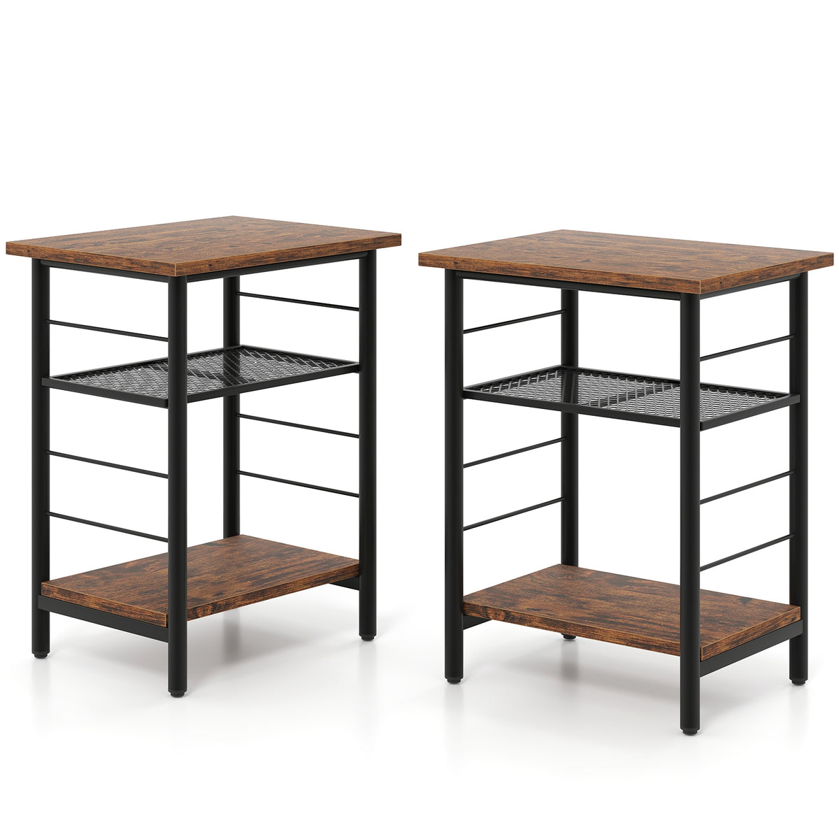 3-Tier End Table Set of 2 Side Table with Storage Shelves Metal Frame-Rustic Brown-End & Side Tables-DECOROLALA