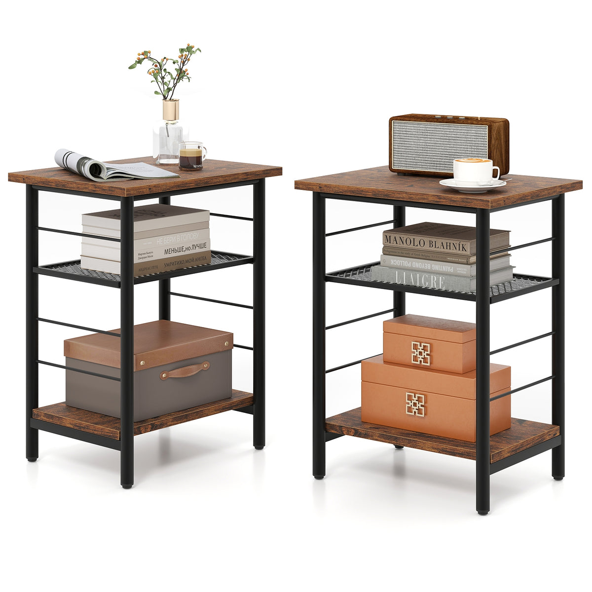 3-Tier End Table Set of 2 Side Table with Storage Shelves Metal Frame-Rustic Brown-End & Side Tables-DECOROLALA