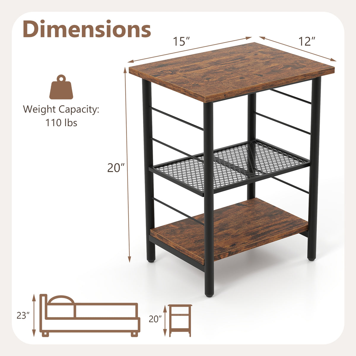 3-Tier End Table Set of 2 Side Table with Storage Shelves Metal Frame-Rustic Brown-End & Side Tables-DECOROLALA