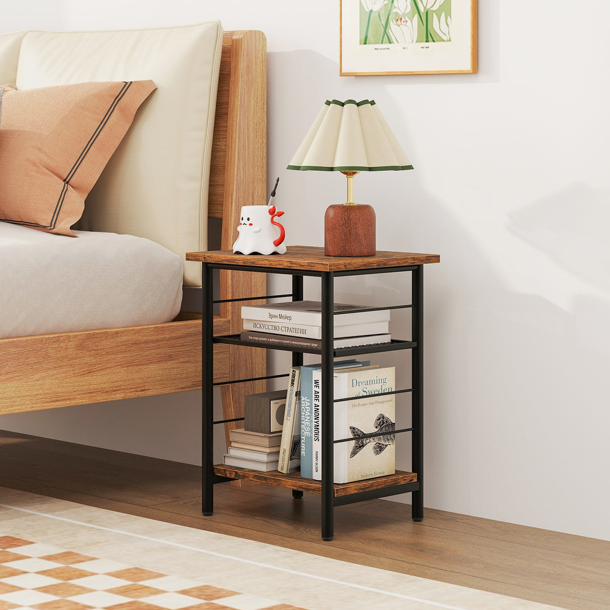 3-Tier End Table Set of 2 Side Table with Storage Shelves Metal Frame-Rustic Brown-End & Side Tables-DECOROLALA
