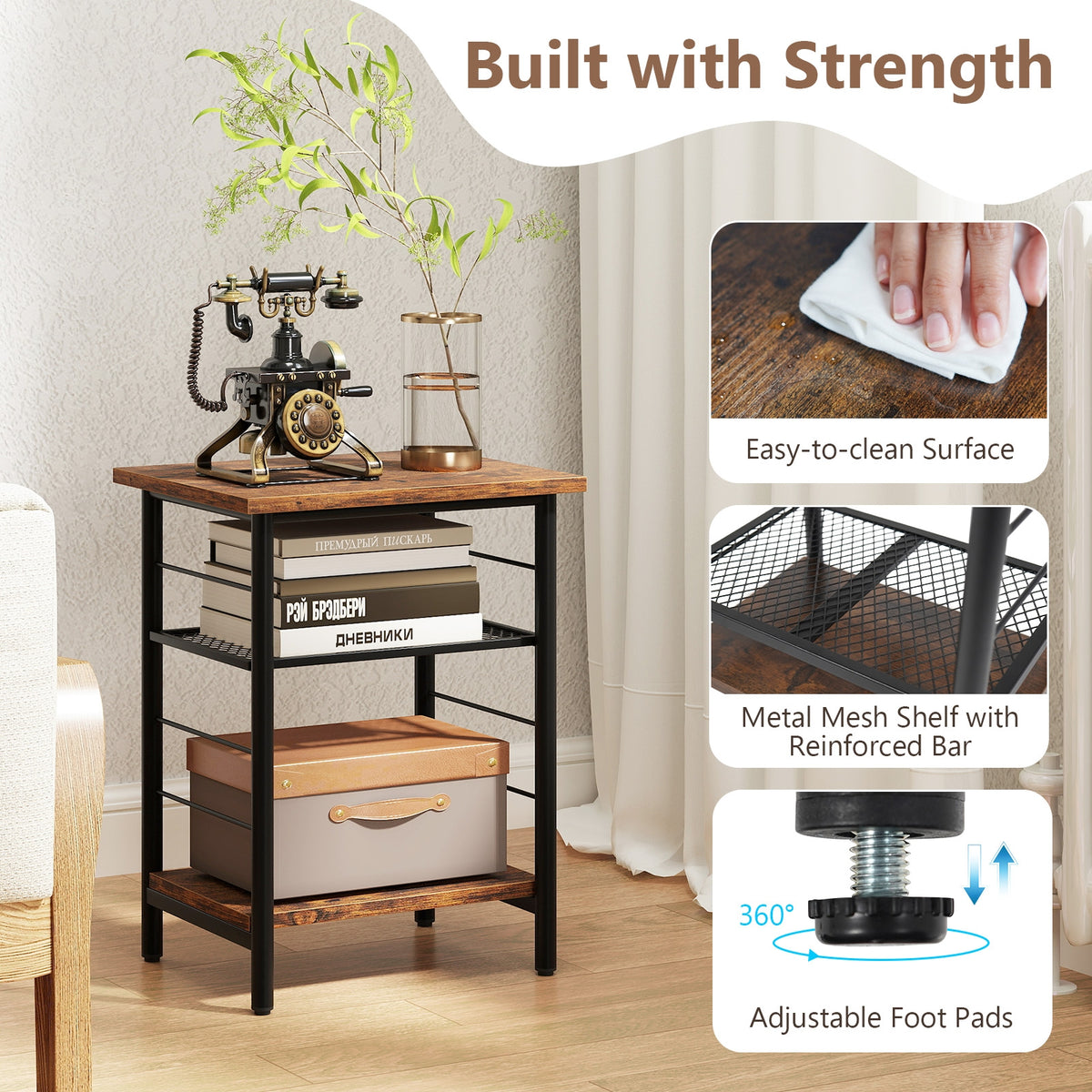 3-Tier End Table Set of 2 Side Table with Storage Shelves Metal Frame-Rustic Brown-End & Side Tables-DECOROLALA