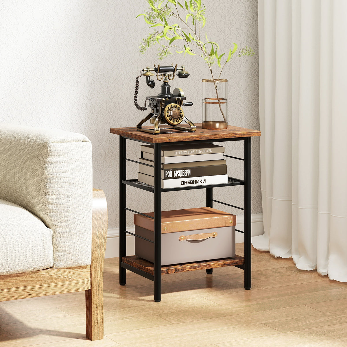 3-Tier End Table Set of 2 Side Table with Storage Shelves Metal Frame-Rustic Brown-End & Side Tables-DECOROLALA