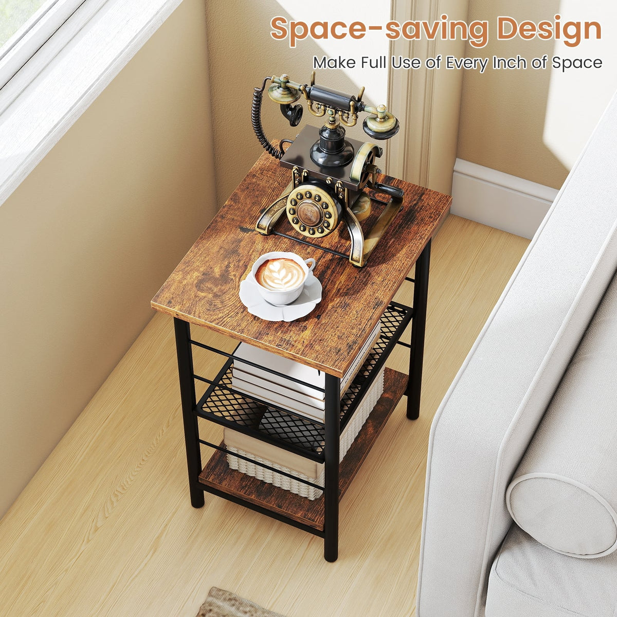 3-Tier End Table Space-Saving Nightstand Industrial Bedside Table for Living Room Bedroom-Rustic Brown-End & Side Tables-DECOROLALA