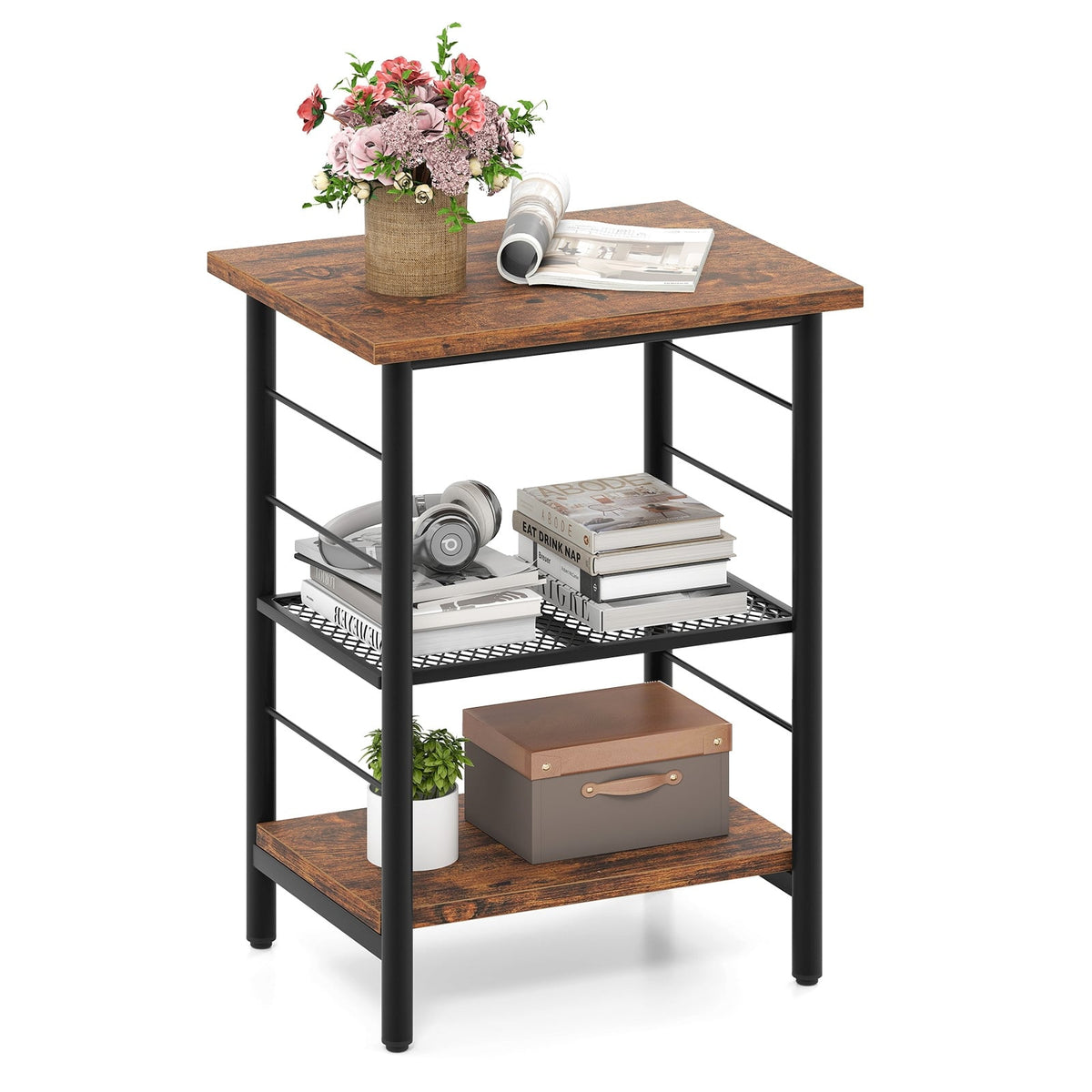 3-Tier End Table Space-Saving Nightstand Industrial Bedside Table for Living Room Bedroom-Rustic Brown-End & Side Tables-DECOROLALA