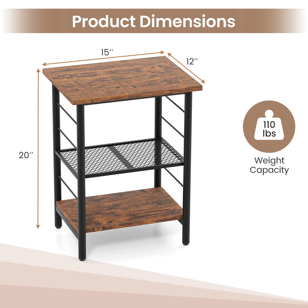 3-Tier End Table Space-Saving Nightstand Industrial Bedside Table for Living Room Bedroom-Rustic Brown-End & Side Tables-DECOROLALA
