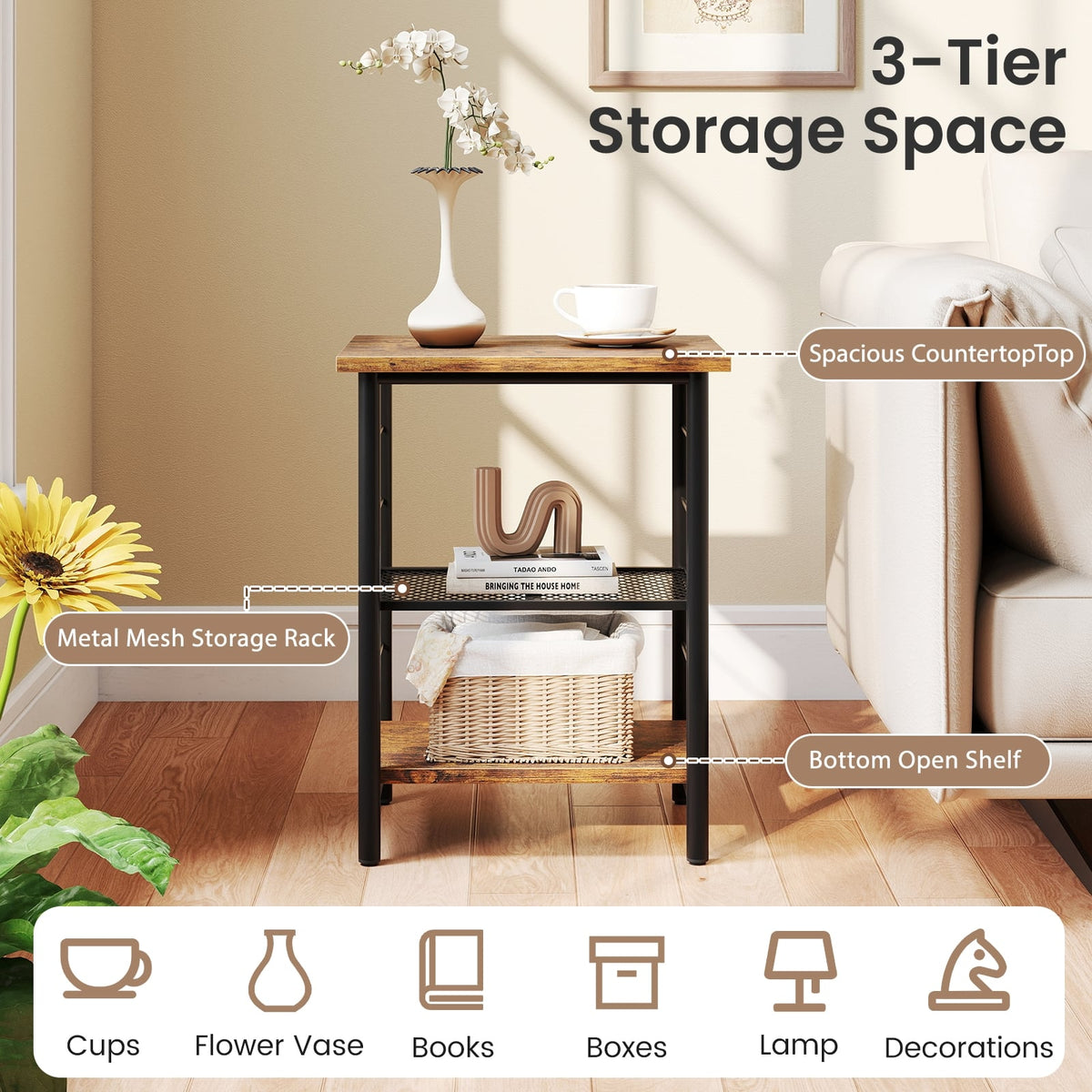3-Tier End Table Space-Saving Nightstand Industrial Bedside Table for Living Room Bedroom-Rustic Brown-End & Side Tables-DECOROLALA