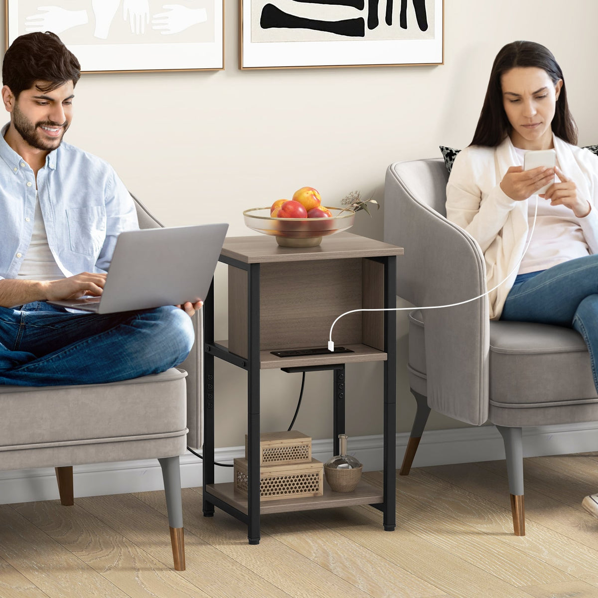 3-Tier End Table with USB Ports & Power Outlets-1 Piece-End & Side Tables-DECOROLALA