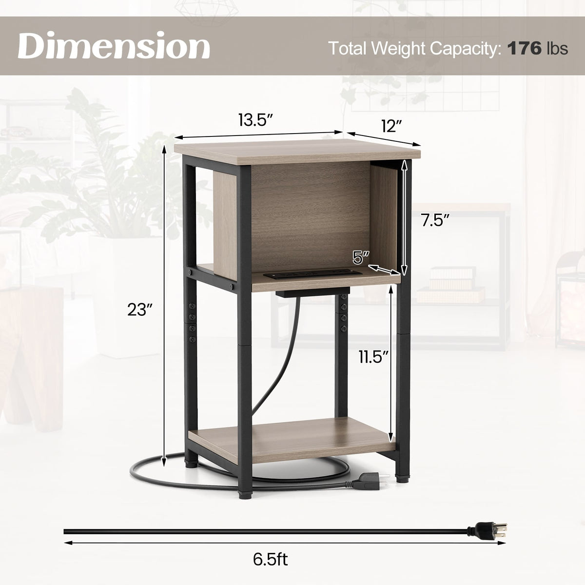 3-Tier End Table with USB Ports & Power Outlets-1 Piece-End & Side Tables-DECOROLALA
