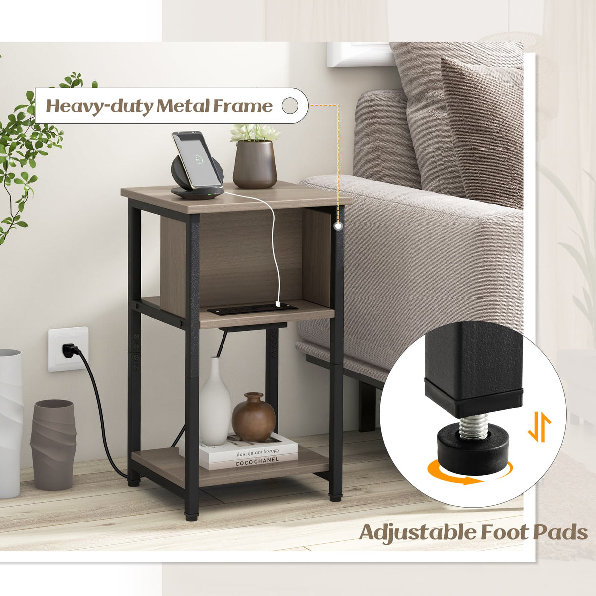 3-Tier End Table with USB Ports & Power Outlets-1 Piece-End & Side Tables-DECOROLALA