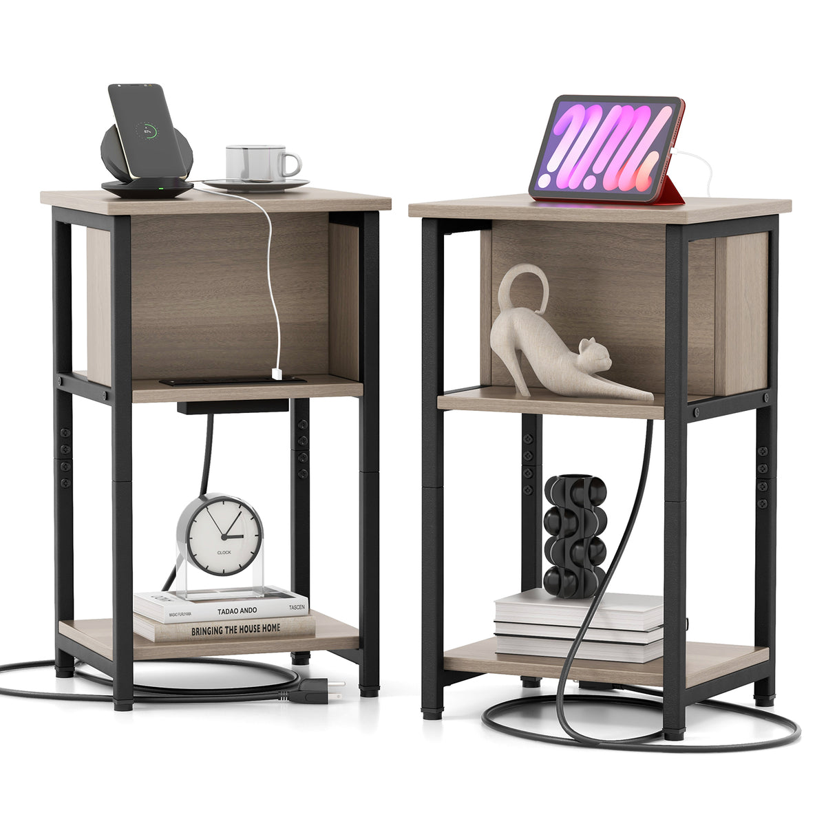 3-Tier End Table with USB Ports & Power Outlets-2 Pieces-End & Side Tables-DECOROLALA