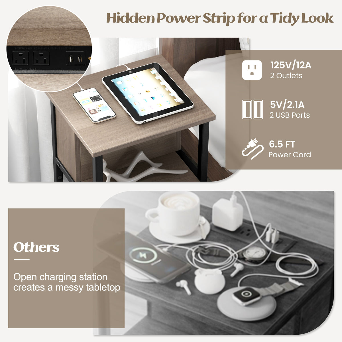 3-Tier End Table with USB Ports & Power Outlets-2 Pieces-End & Side Tables-DECOROLALA