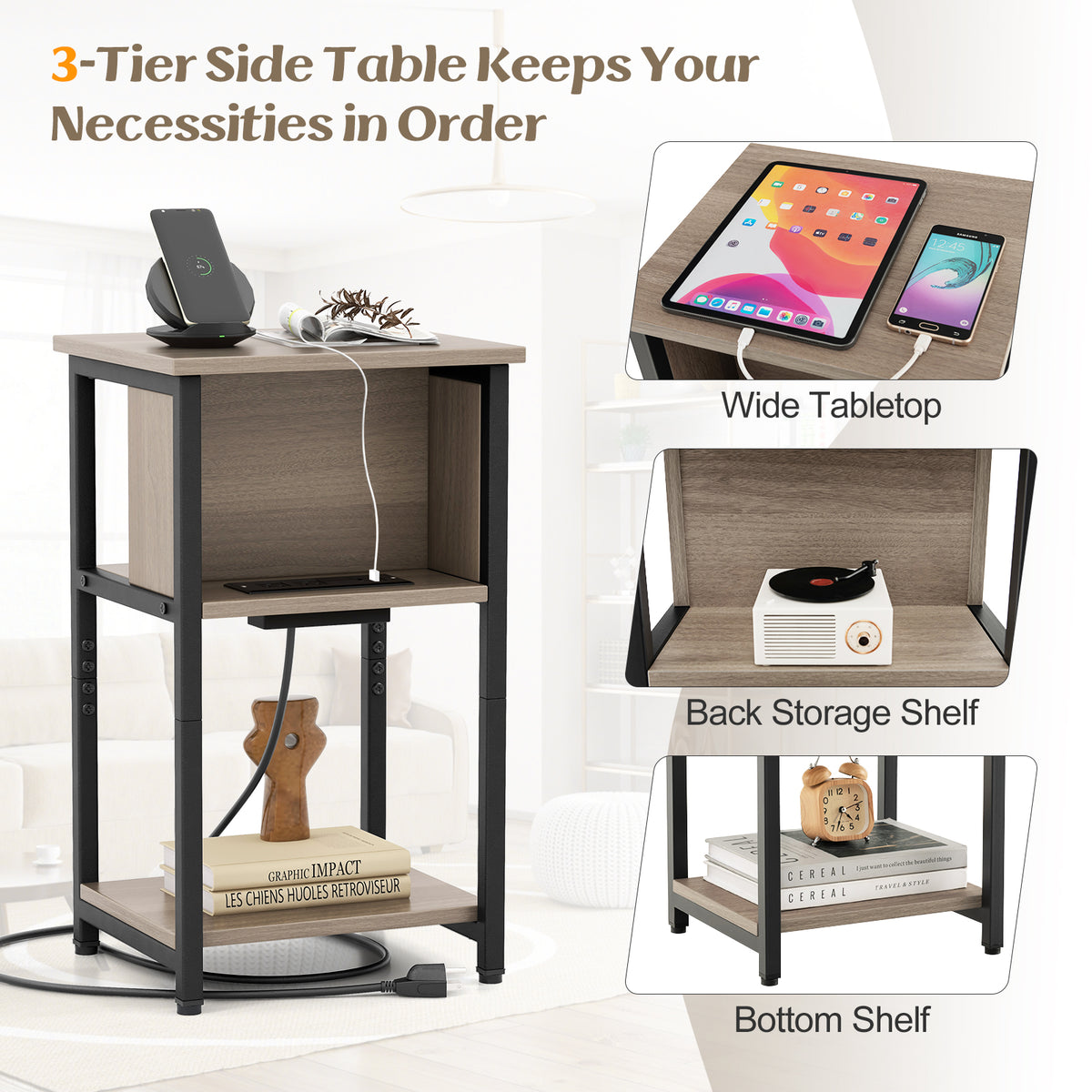 3-Tier End Table with USB Ports & Power Outlets-2 Pieces-End & Side Tables-DECOROLALA