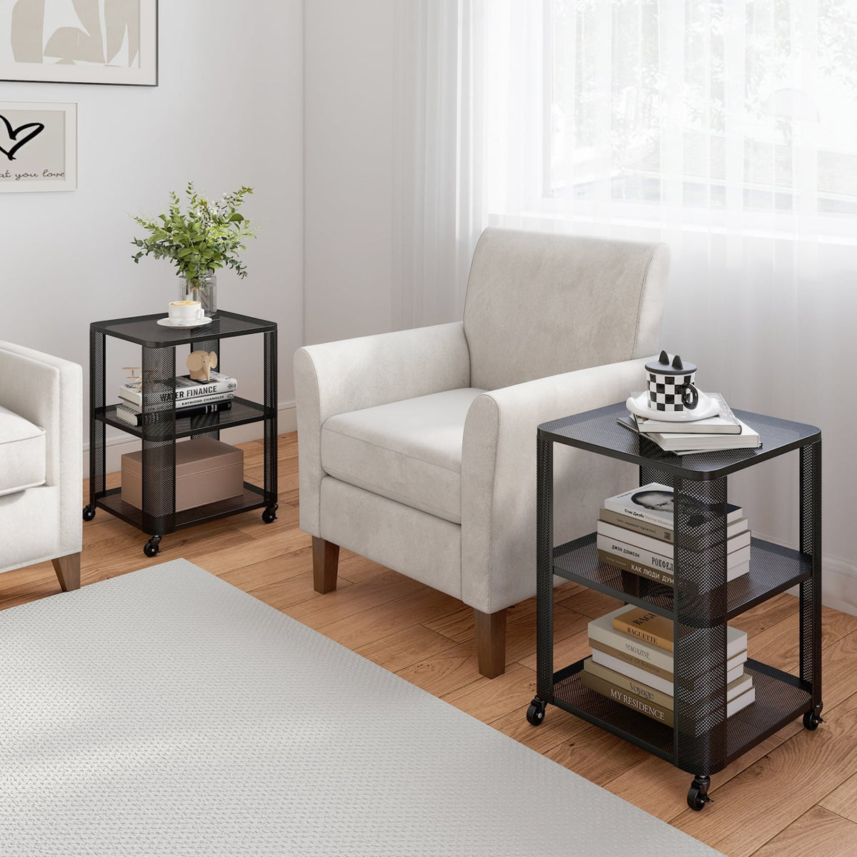 3-Tier End Table with Wheels Rolling Side Table with Open Storage Shelves-1 Piece-End & Side Tables-DECOROLALA