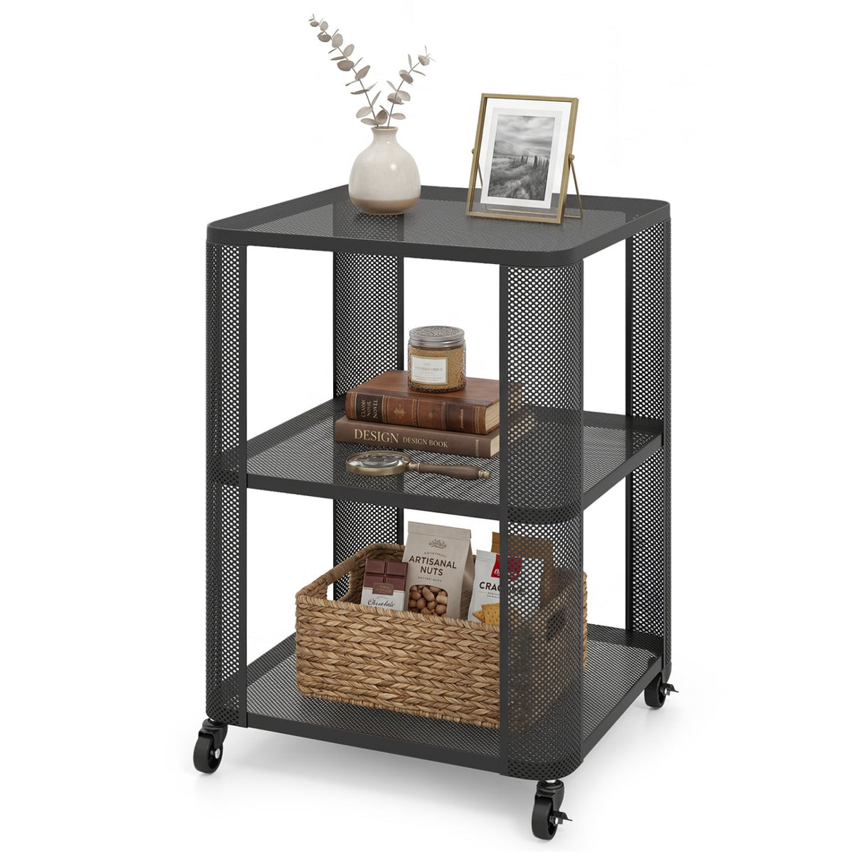 3-Tier End Table with Wheels Rolling Side Table with Open Storage Shelves-1 Piece-End & Side Tables-DECOROLALA