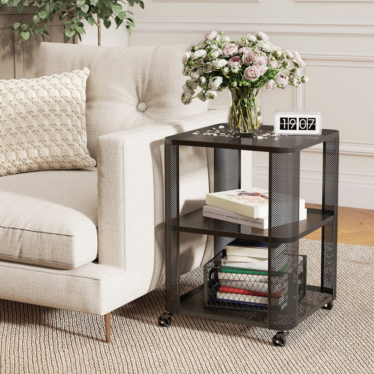 3-Tier End Table with Wheels Rolling Side Table with Open Storage Shelves-1 Piece-End & Side Tables-DECOROLALA