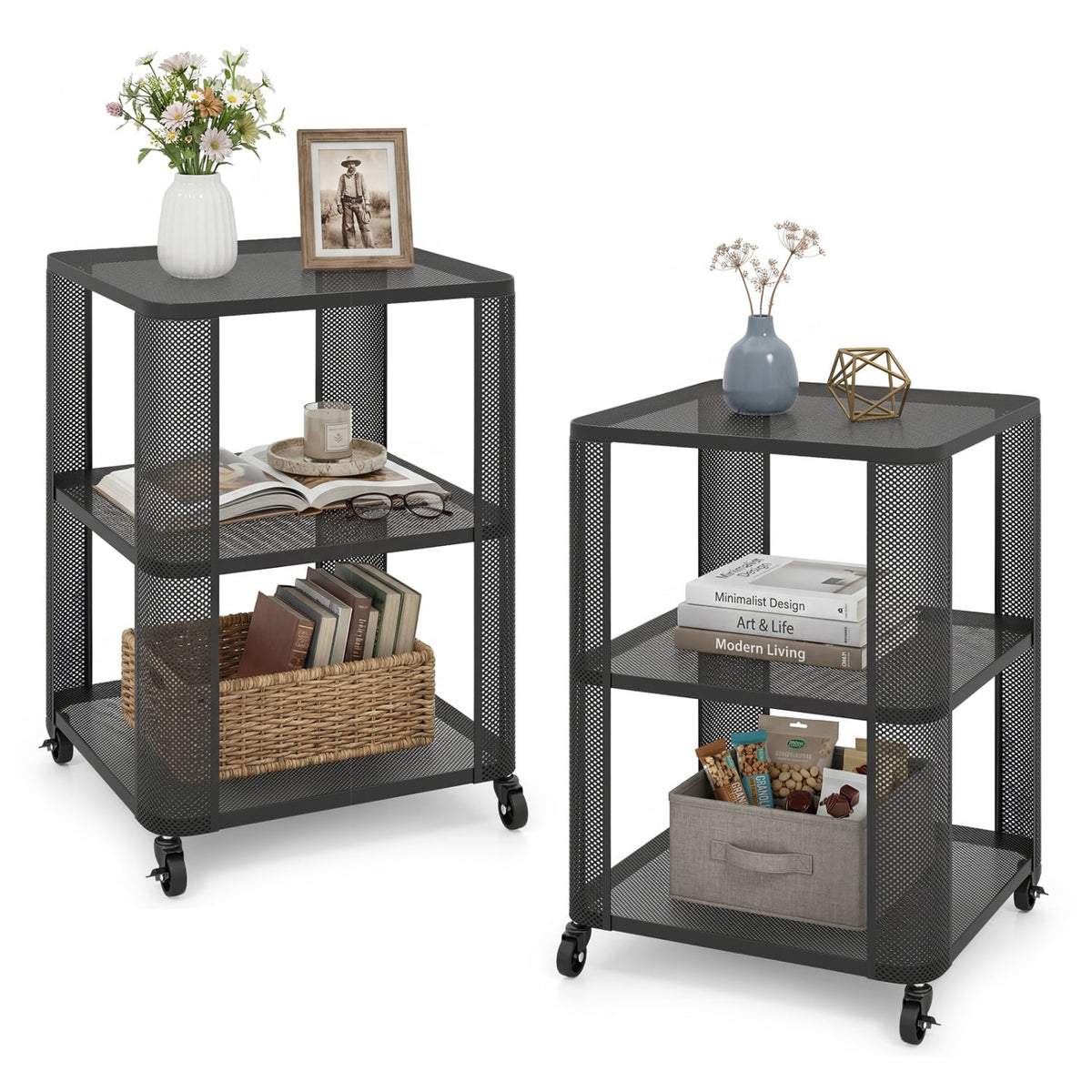 3-Tier End Table with Wheels Rolling Side Table with Open Storage Shelves-Set of 2-End & Side Tables-DECOROLALA