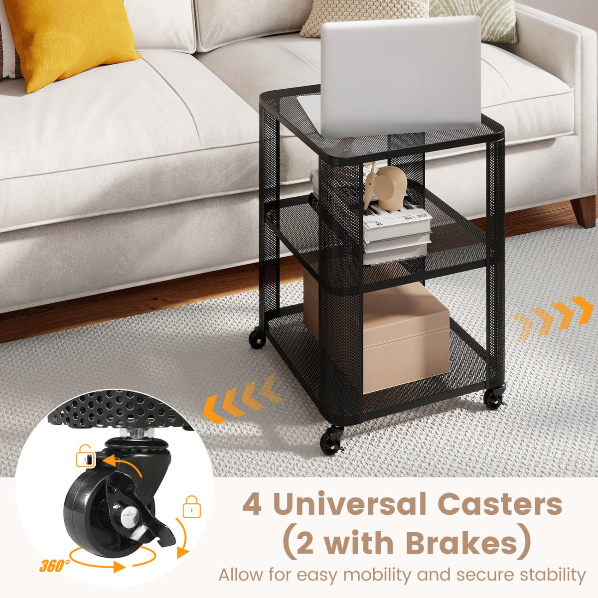 3-Tier End Table with Wheels Rolling Side Table with Open Storage Shelves-Set of 2-End & Side Tables-DECOROLALA