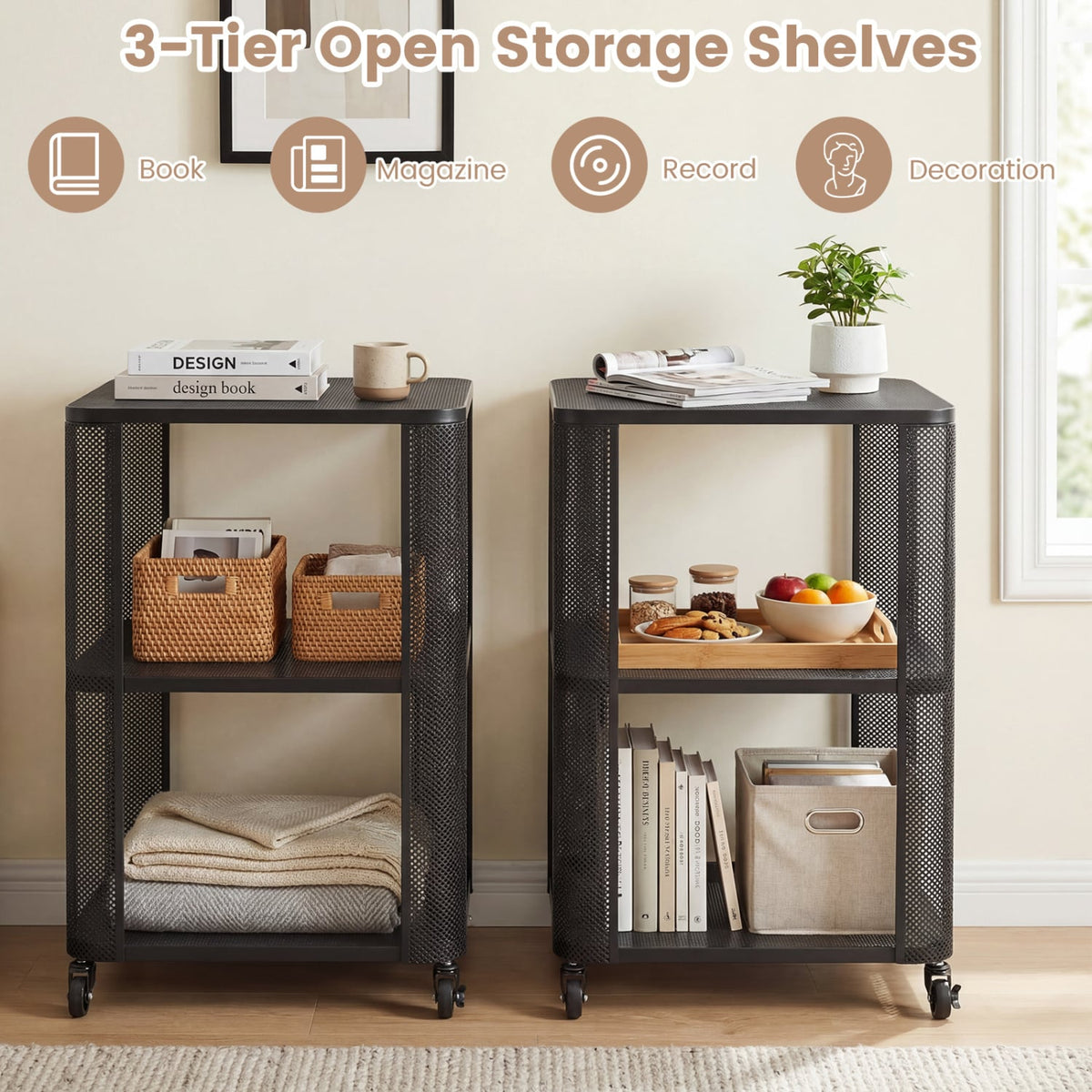 3-Tier End Table with Wheels Rolling Side Table with Open Storage Shelves-Set of 2-End & Side Tables-DECOROLALA