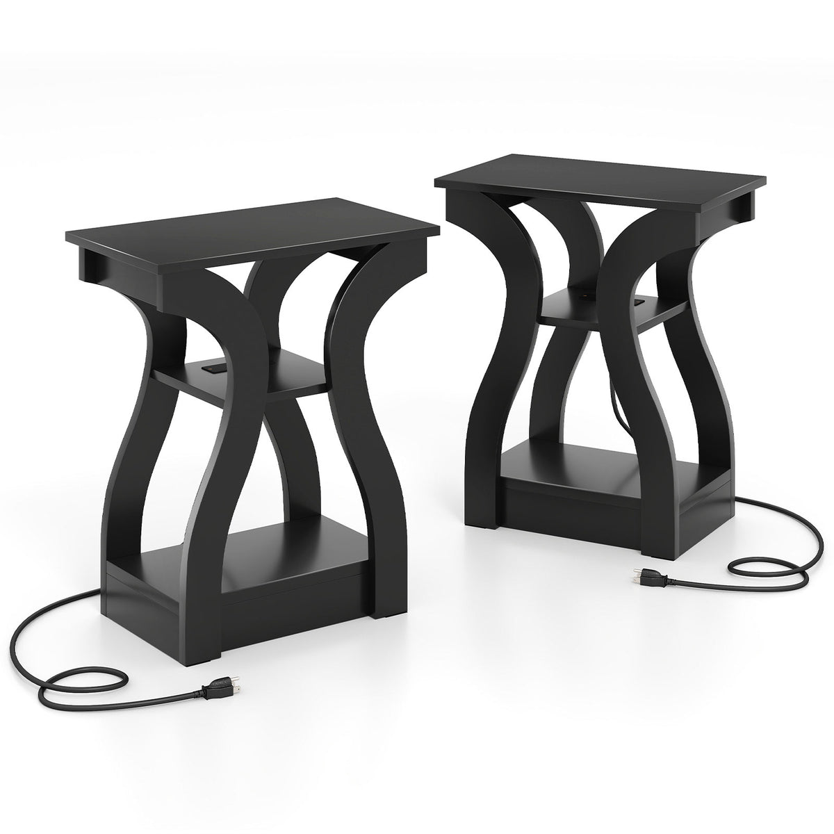 3-Tier End Tables with Charging Station Set of 2 with Open Storage Shelves-Black-End & Side Tables-DECOROLALA