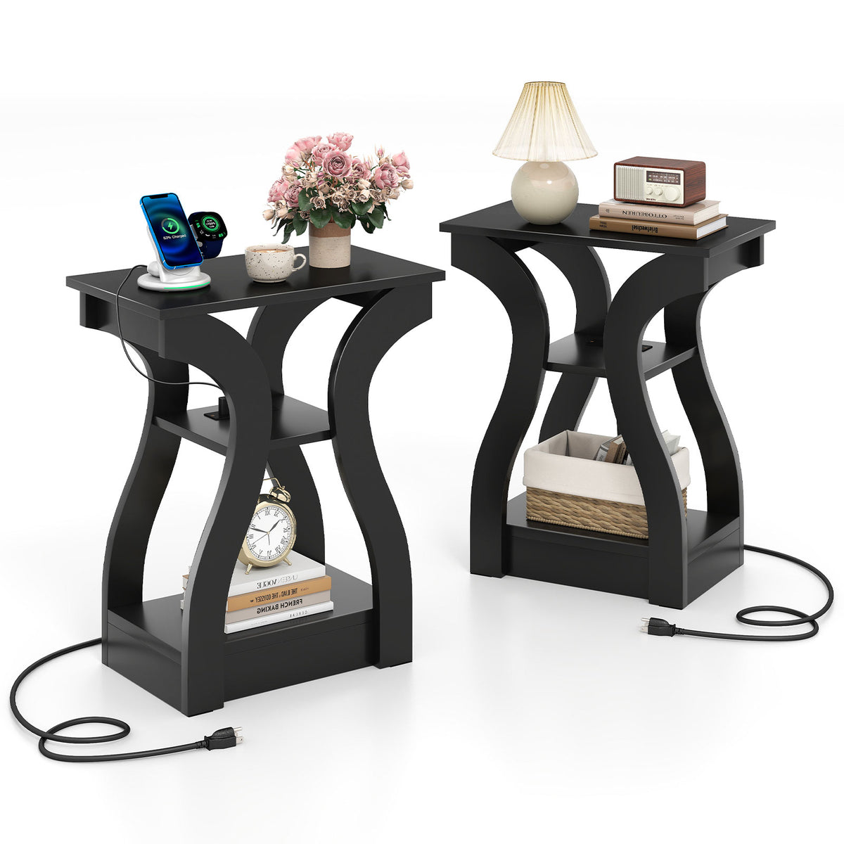 3-Tier End Tables with Charging Station Set of 2 with Open Storage Shelves-Black-End & Side Tables-DECOROLALA