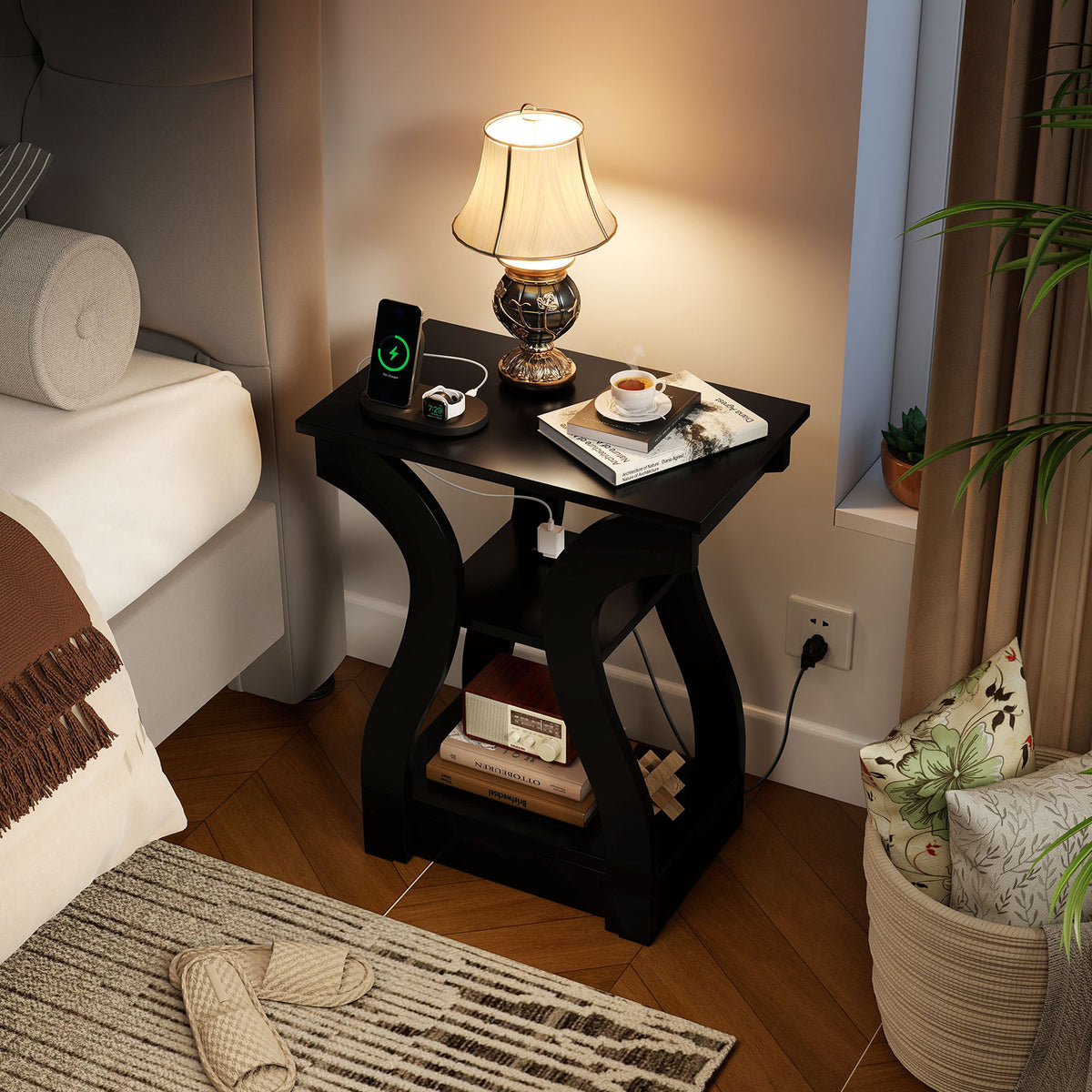 3-Tier End Tables with Charging Station Set of 2 with Open Storage Shelves-Black-End & Side Tables-DECOROLALA