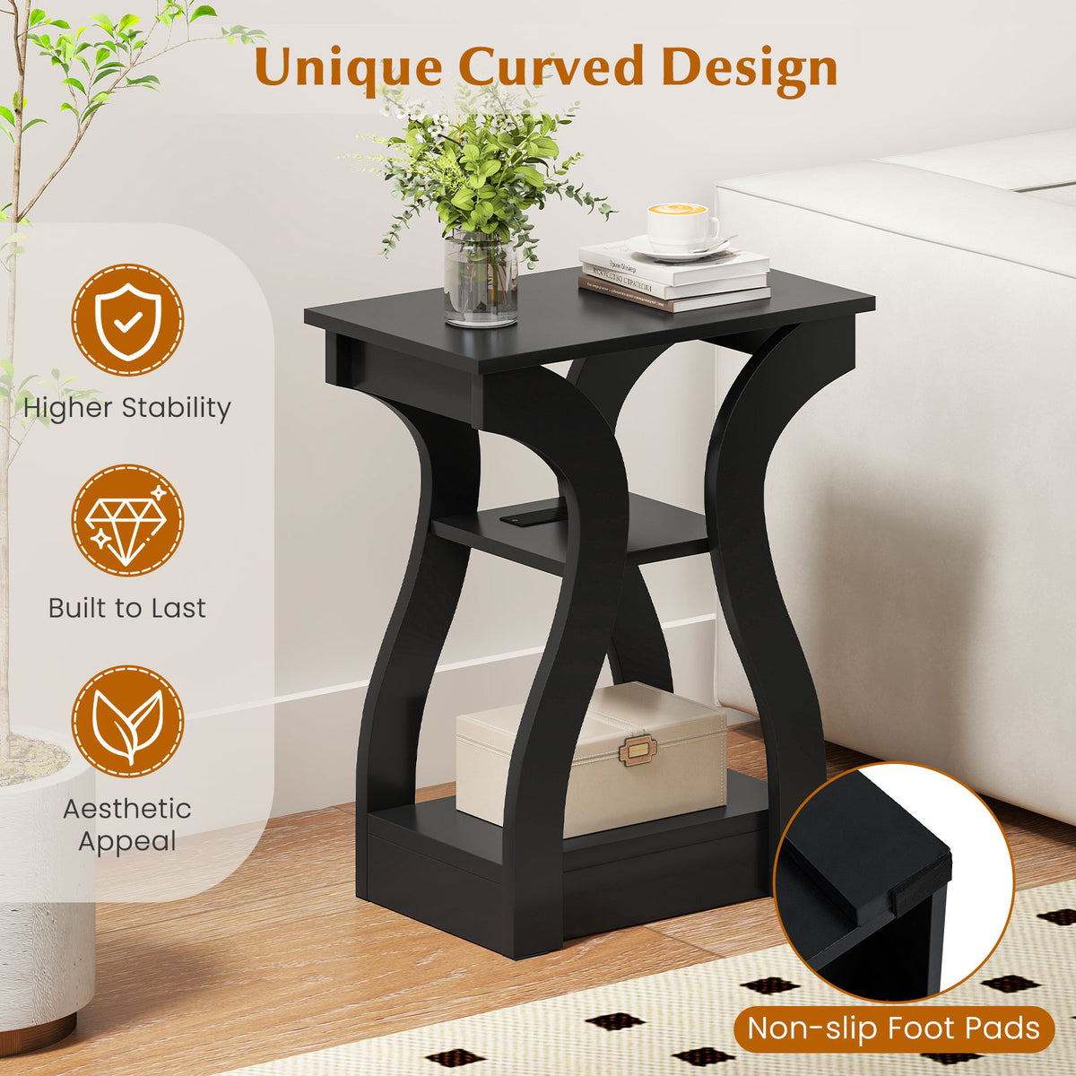 3-Tier End Tables with Charging Station Set of 2 with Open Storage Shelves-Black-End & Side Tables-DECOROLALA