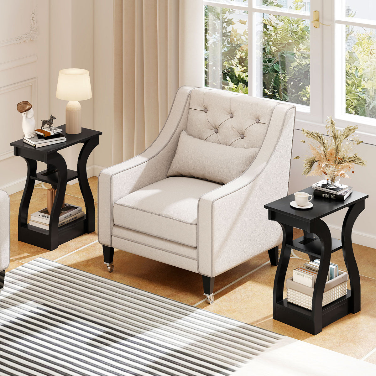 3-Tier End Tables with Charging Station Set of 2 with Open Storage Shelves-Black-End & Side Tables-DECOROLALA