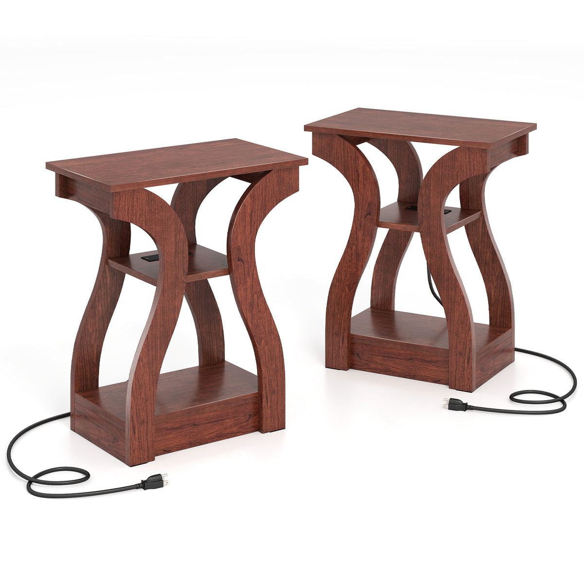 3-Tier End Tables with Charging Station Set of 2 with Open Storage Shelves-Cherry-End & Side Tables-DECOROLALA
