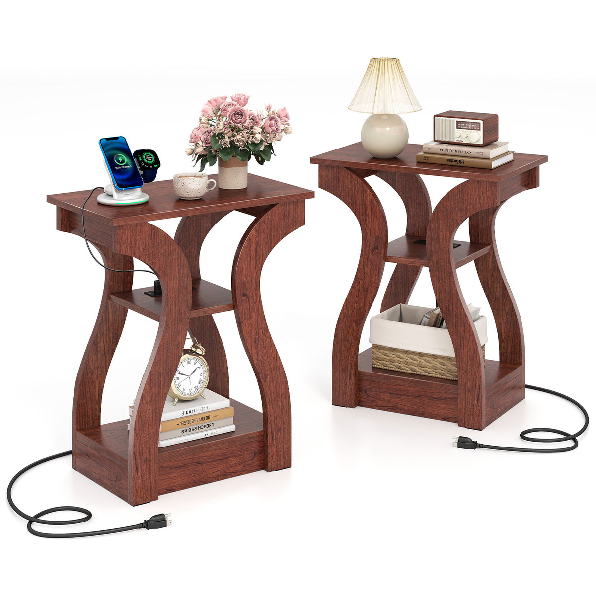 3-Tier End Tables with Charging Station Set of 2 with Open Storage Shelves-Cherry-End & Side Tables-DECOROLALA