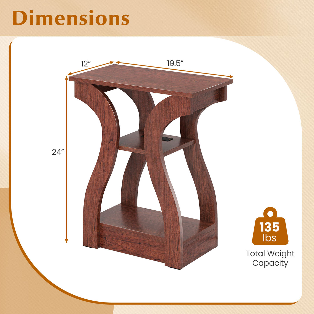 3-Tier End Tables with Charging Station Set of 2 with Open Storage Shelves-Cherry-End & Side Tables-DECOROLALA