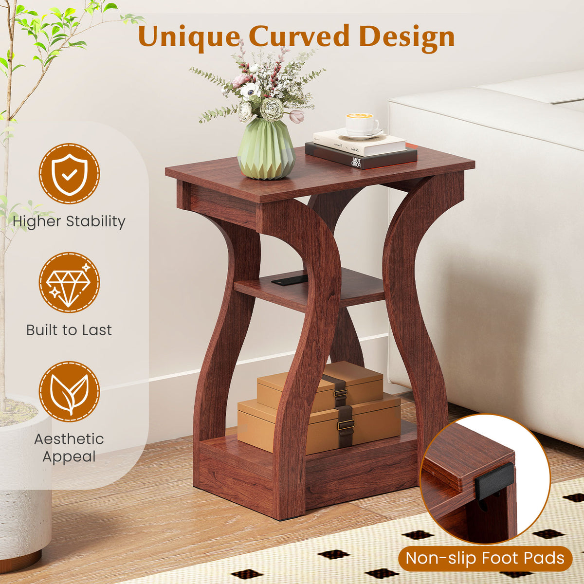 3-Tier End Tables with Charging Station Set of 2 with Open Storage Shelves-Cherry-End & Side Tables-DECOROLALA