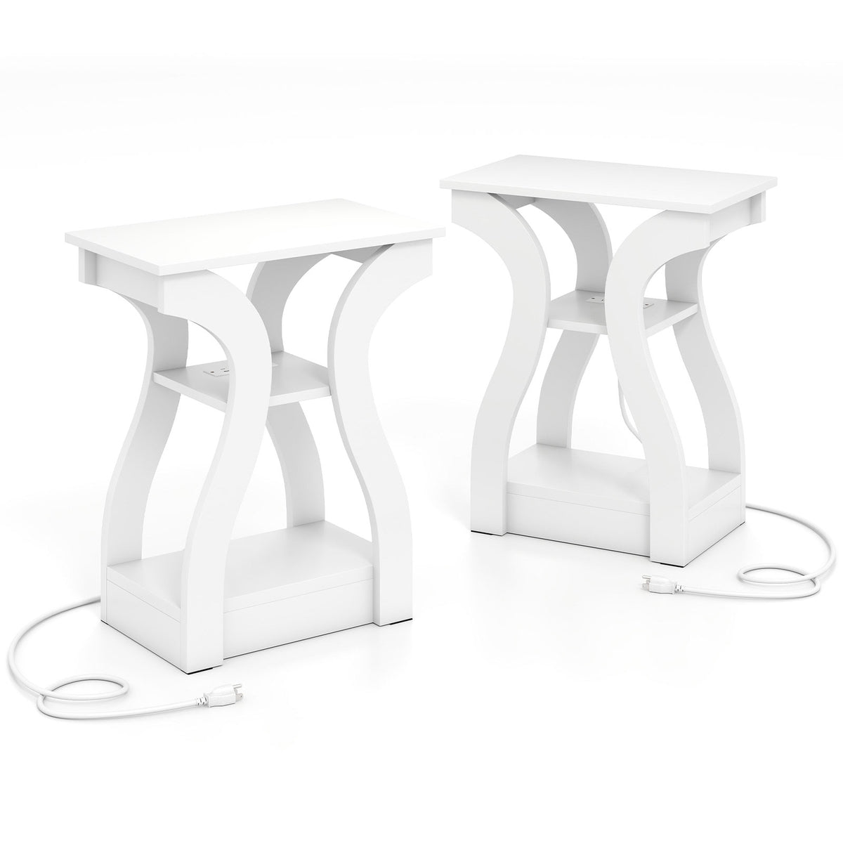 3-Tier End Tables with Charging Station Set of 2 with Open Storage Shelves-White-End & Side Tables-DECOROLALA