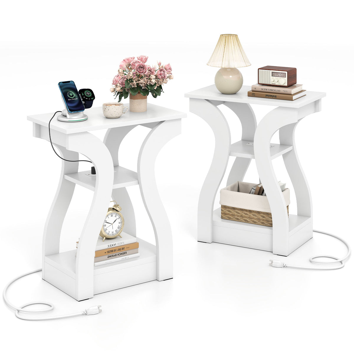 3-Tier End Tables with Charging Station Set of 2 with Open Storage Shelves-White-End & Side Tables-DECOROLALA