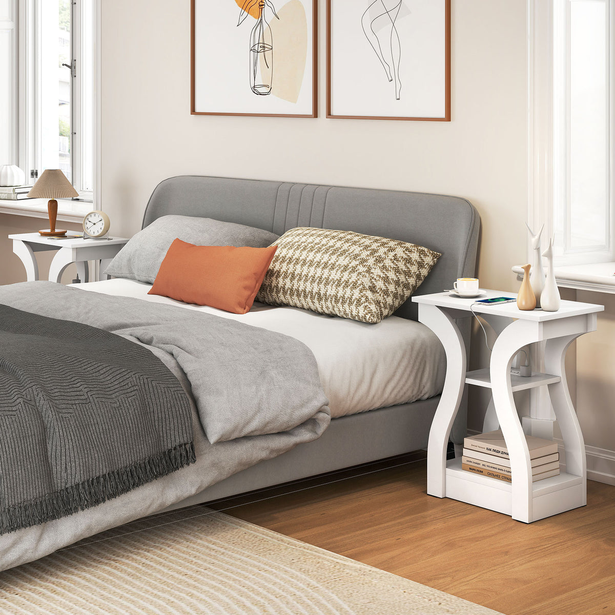 3-Tier End Tables with Charging Station Set of 2 with Open Storage Shelves-White-End & Side Tables-DECOROLALA
