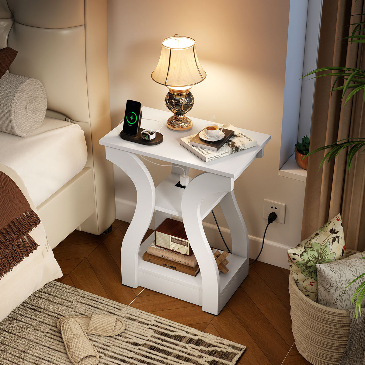 3-Tier End Tables with Charging Station Set of 2 with Open Storage Shelves-White-End & Side Tables-DECOROLALA