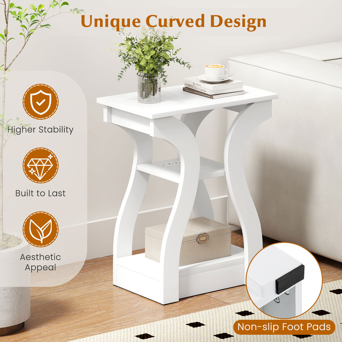 3-Tier End Tables with Charging Station Set of 2 with Open Storage Shelves-White-End & Side Tables-DECOROLALA