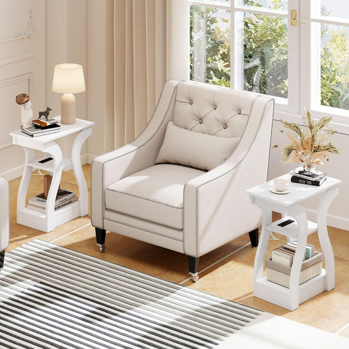3-Tier End Tables with Charging Station Set of 2 with Open Storage Shelves-White-End & Side Tables-DECOROLALA