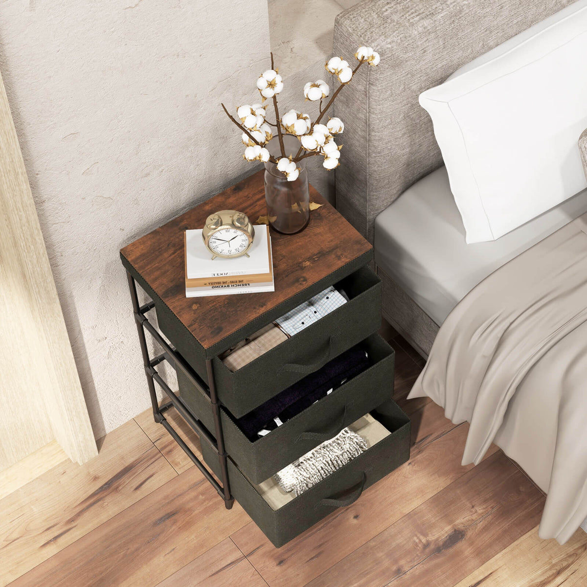 3-Tier Fabric Nightstand with Sturdy Metal Frame-Black-Nightstands-DECOROLALA