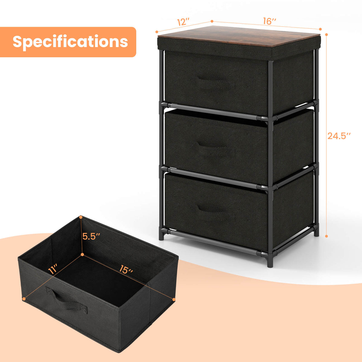 3-Tier Fabric Nightstand with Sturdy Metal Frame-Black-Nightstands-DECOROLALA