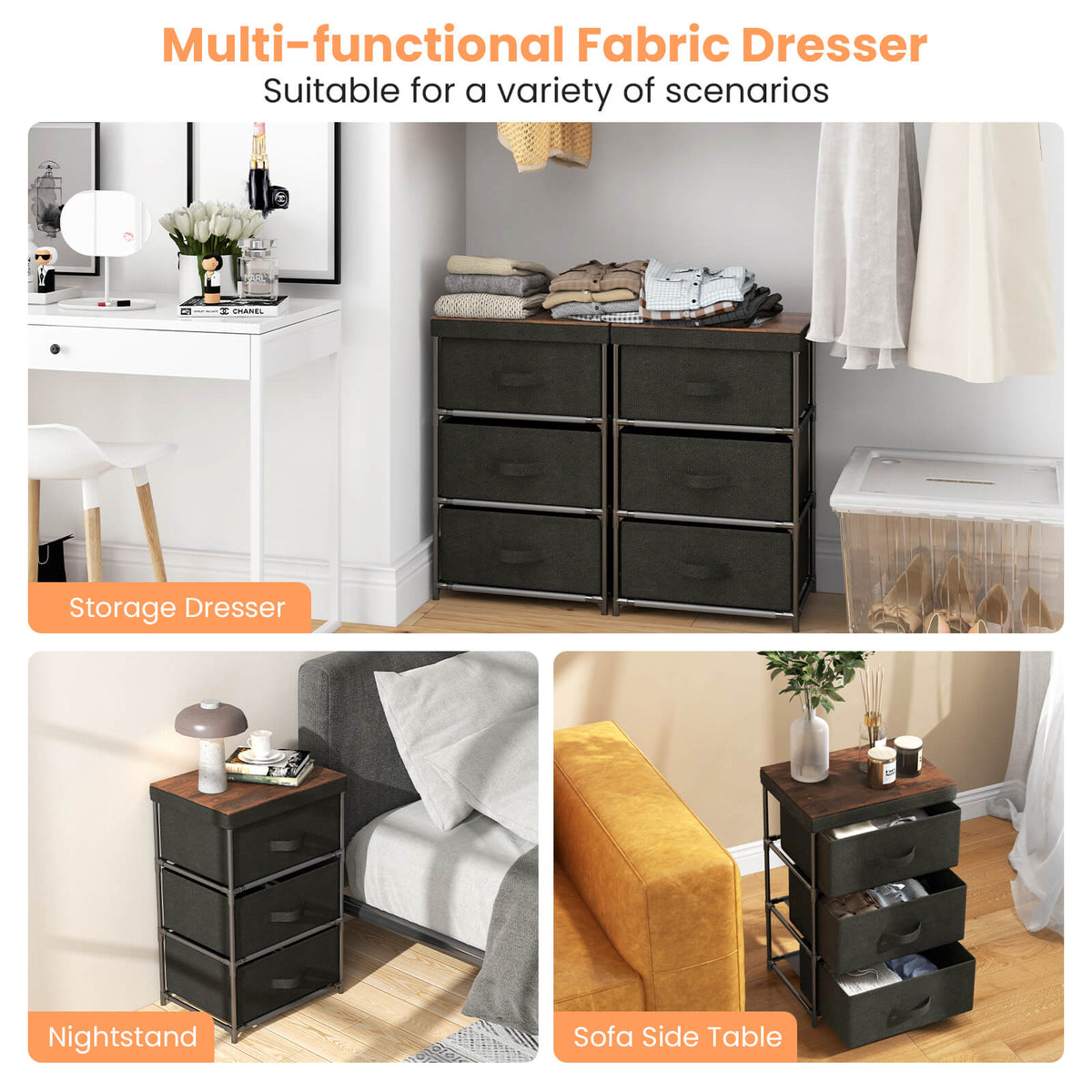 3-Tier Fabric Nightstand with Sturdy Metal Frame-Black-Nightstands-DECOROLALA