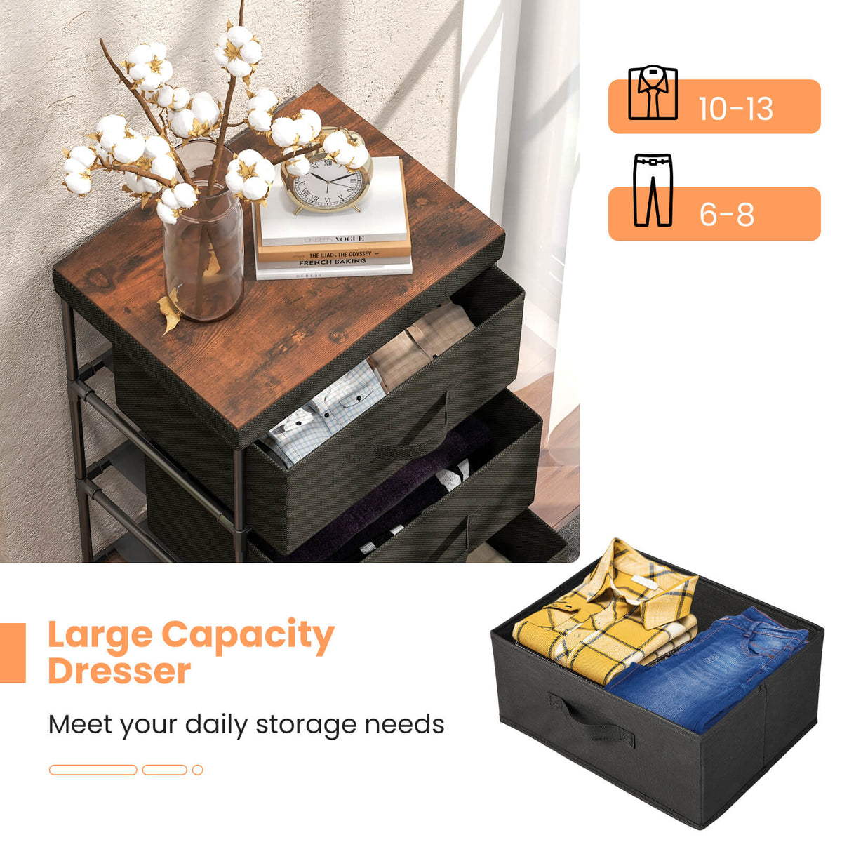 3-Tier Fabric Nightstand with Sturdy Metal Frame-Black-Nightstands-DECOROLALA