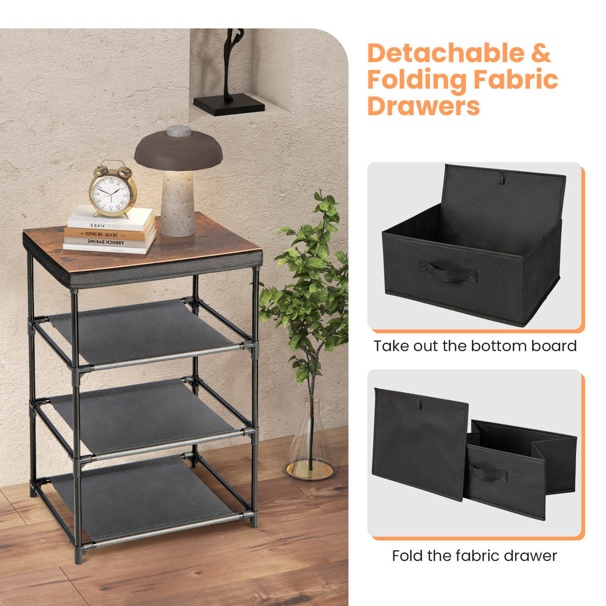 3-Tier Fabric Nightstand with Sturdy Metal Frame-Black-Nightstands-DECOROLALA