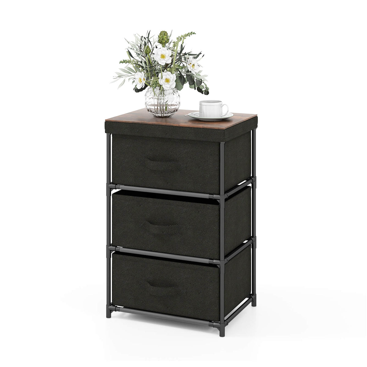 3-Tier Fabric Nightstand with Sturdy Metal Frame-Black-Nightstands-DECOROLALA