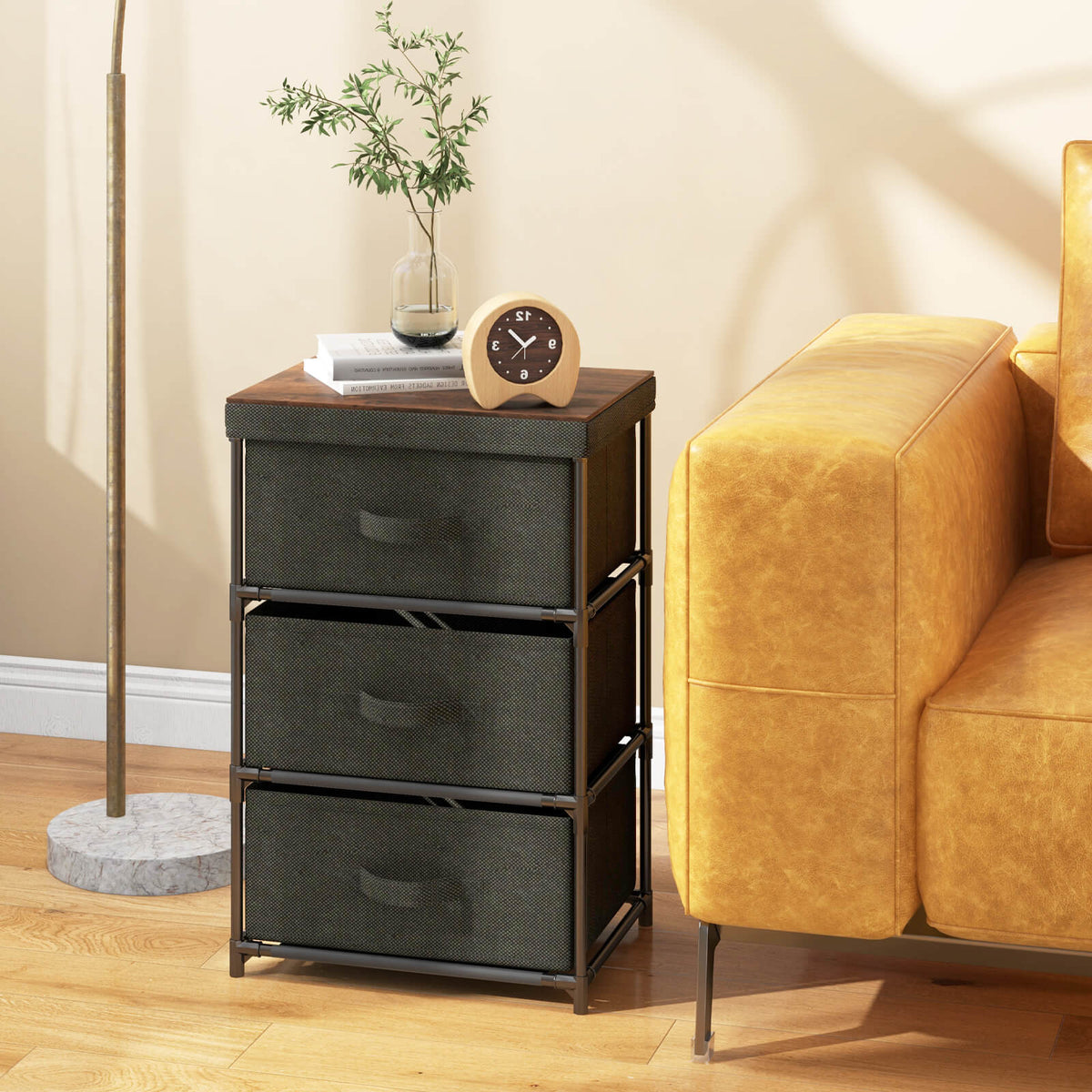 3-Tier Fabric Nightstand with Sturdy Metal Frame-Black-Nightstands-DECOROLALA