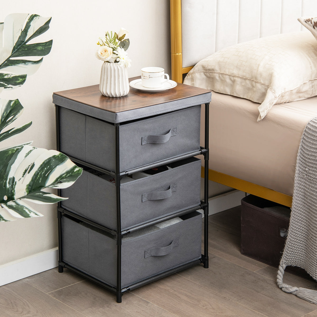 3-Tier Fabric Nightstand with Sturdy Metal Frame-Gray-Nightstands-DECOROLALA