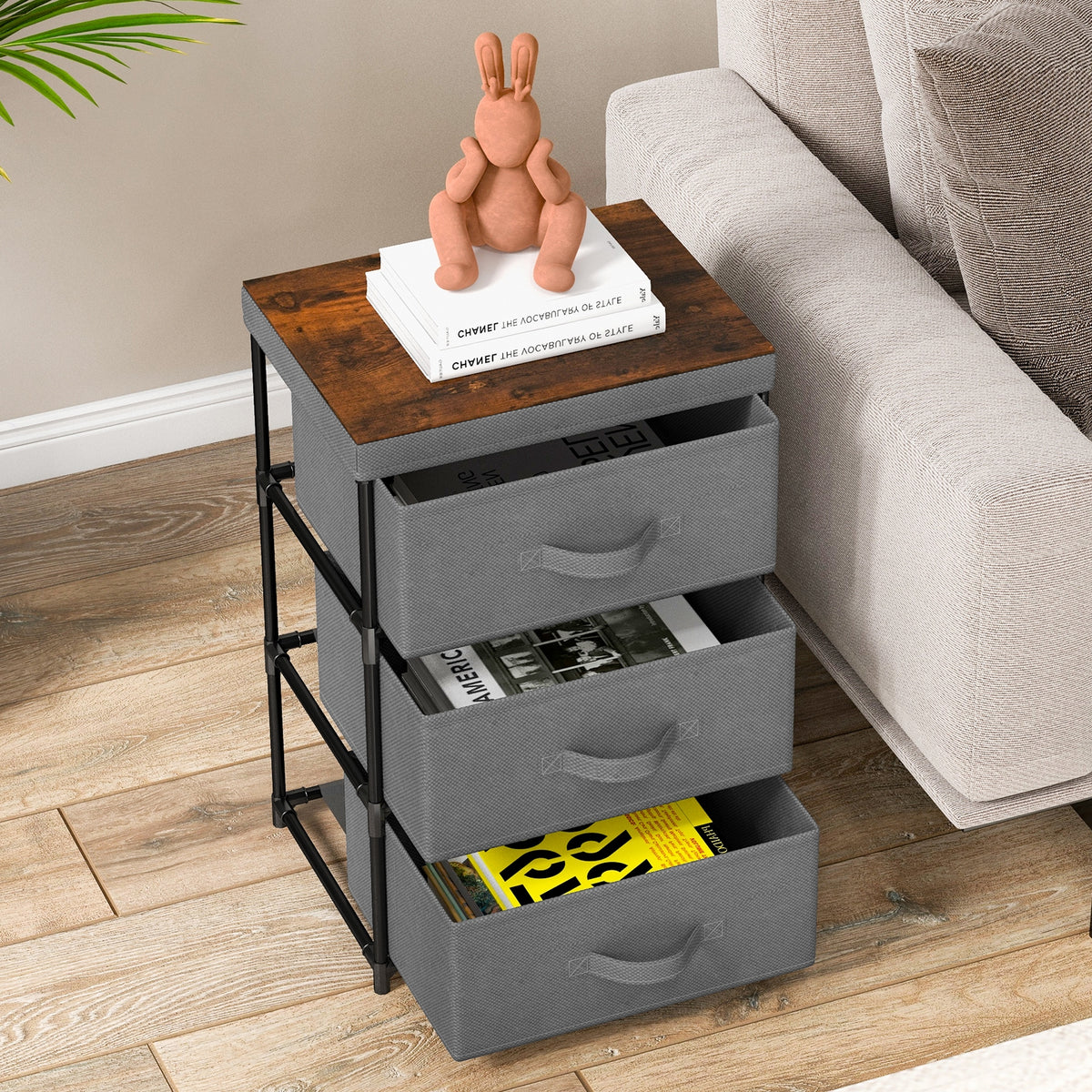 3-Tier Fabric Nightstand with Sturdy Metal Frame-Gray-Nightstands-DECOROLALA