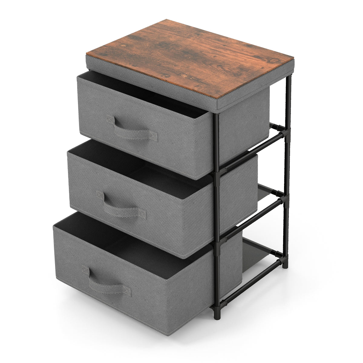 3-Tier Fabric Nightstand with Sturdy Metal Frame-Gray-Nightstands-DECOROLALA